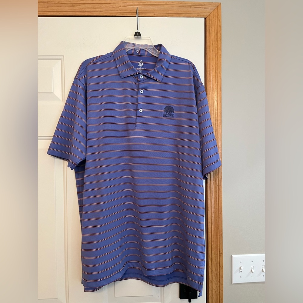Men’s Turtleson Belfair blue striped tour performance golf polo. Size XL